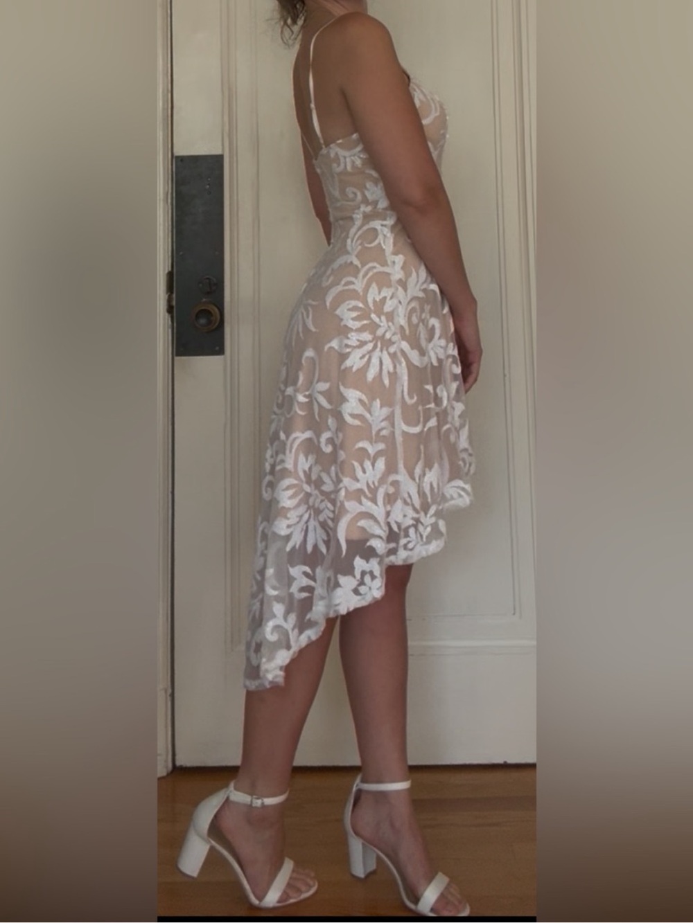 David's Bridal White Sequin High-Low Dress